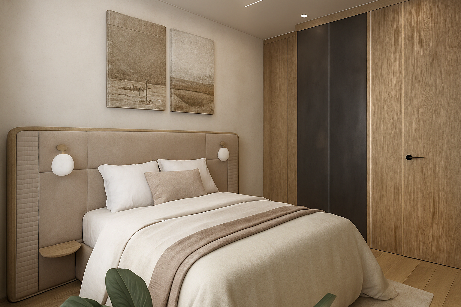 Suite de apartamento com linguagem neutra e acolhedora